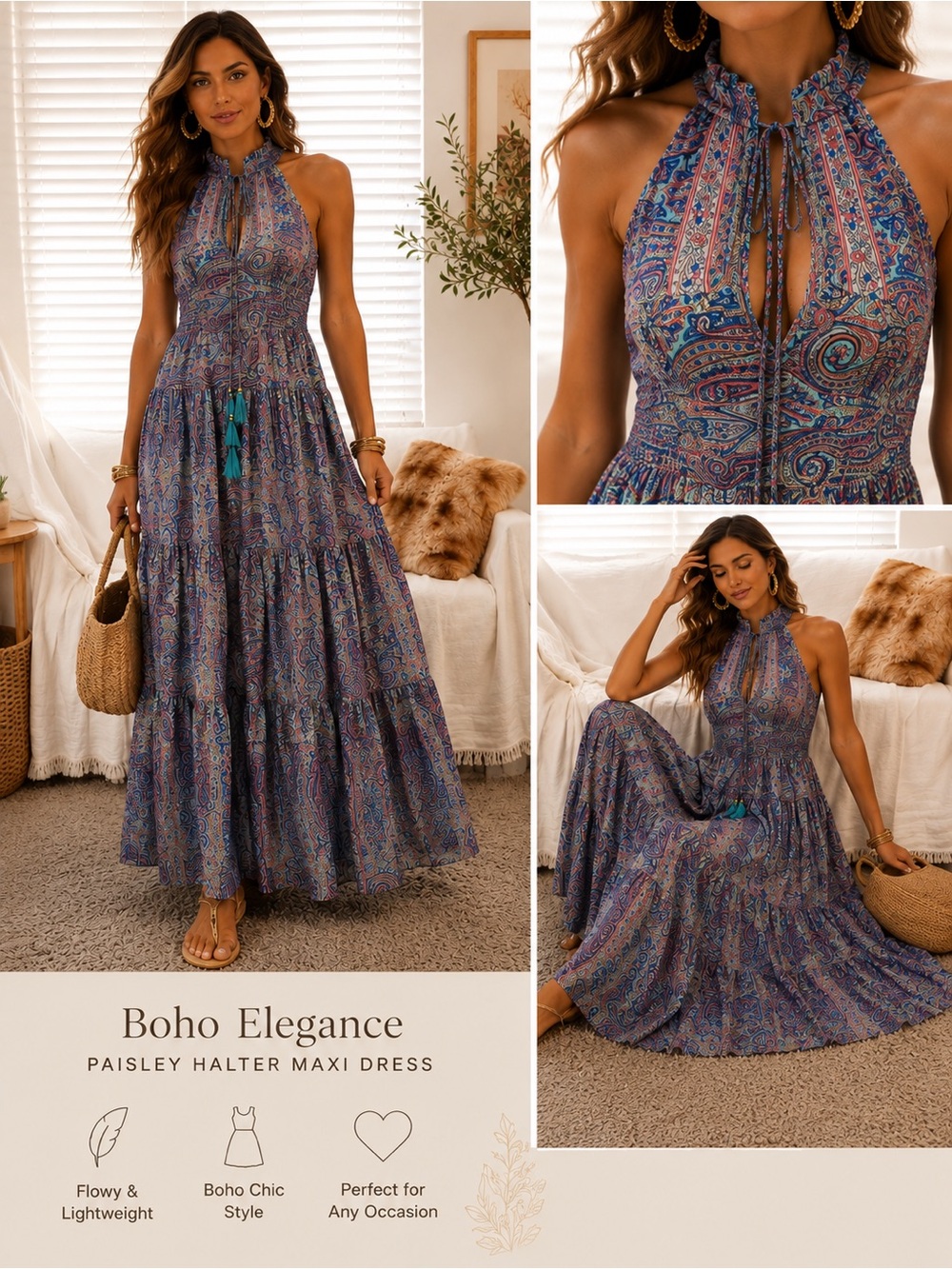 Boho Paisley Halter Maxi Dress - Blue Purple